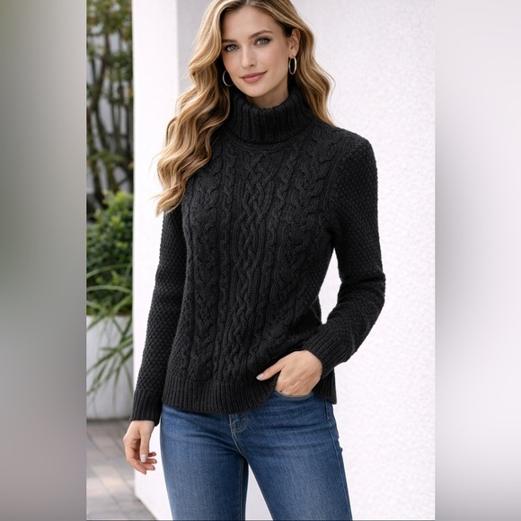 adidas Sweaters - Lauren Ralph Lauren Cable Knit Turtleneck Sweater Large Black Wool Blend